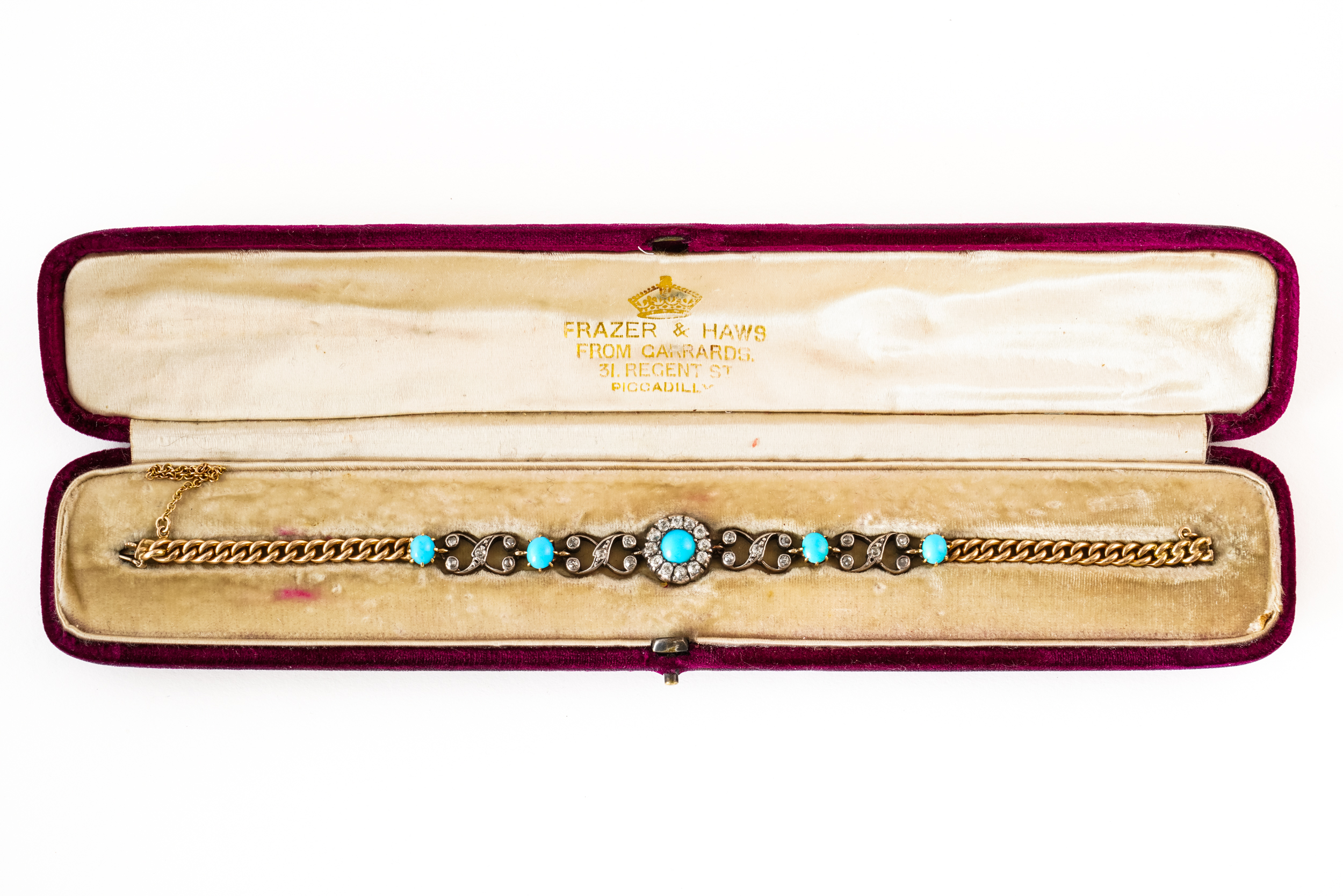 A TURQUOISE AND DIAMOND BRACELET, BOXED (2)