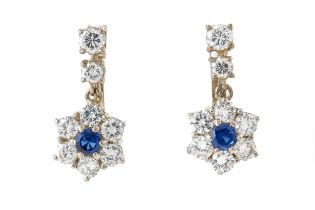 A PAIR OF SAPPHIRE AND DIAMOND CLUSTER EARRINGS, BOXED