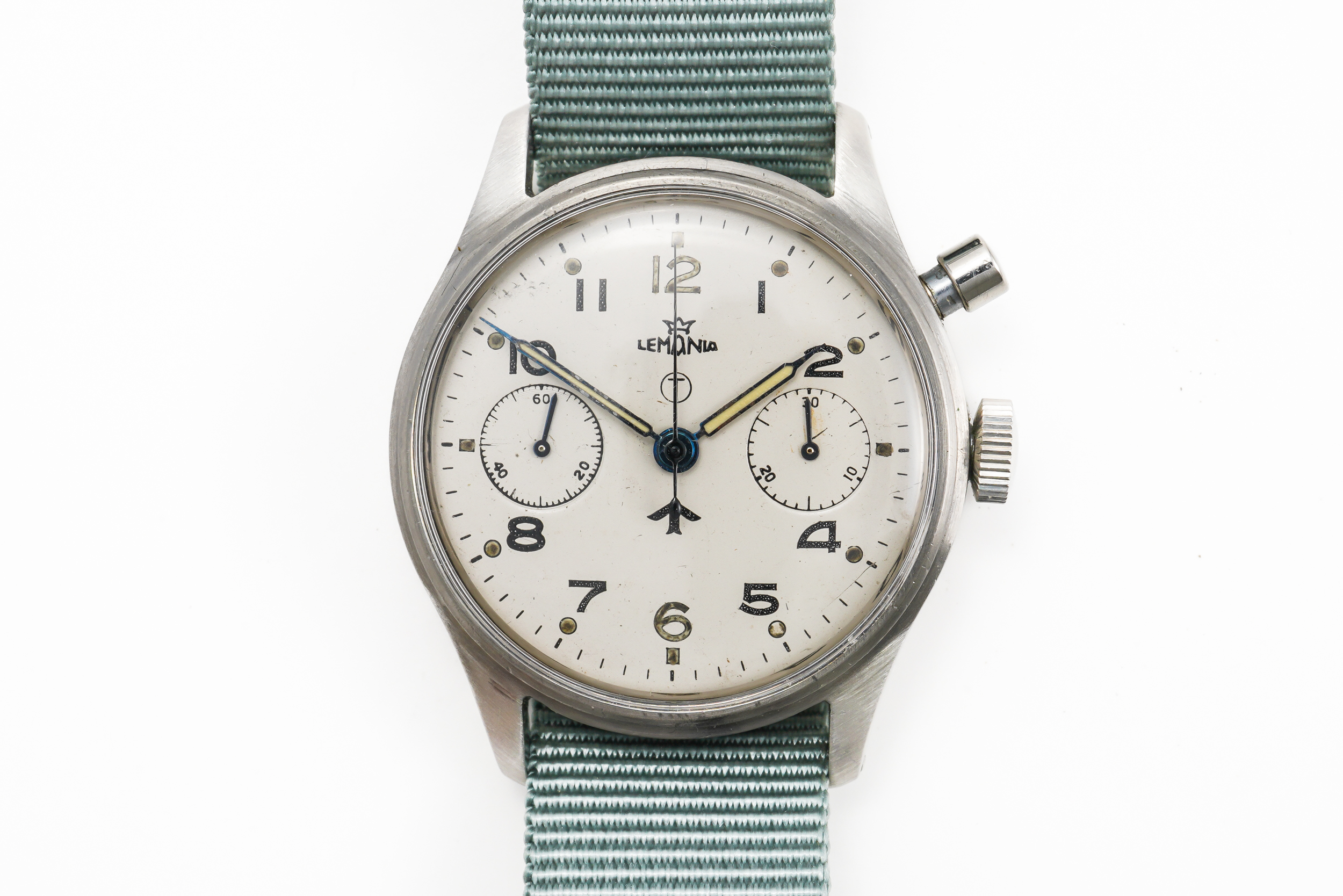 A STEEL CASED LEMANIA MILITARY CHRONOGRAPH WRISTWATCH