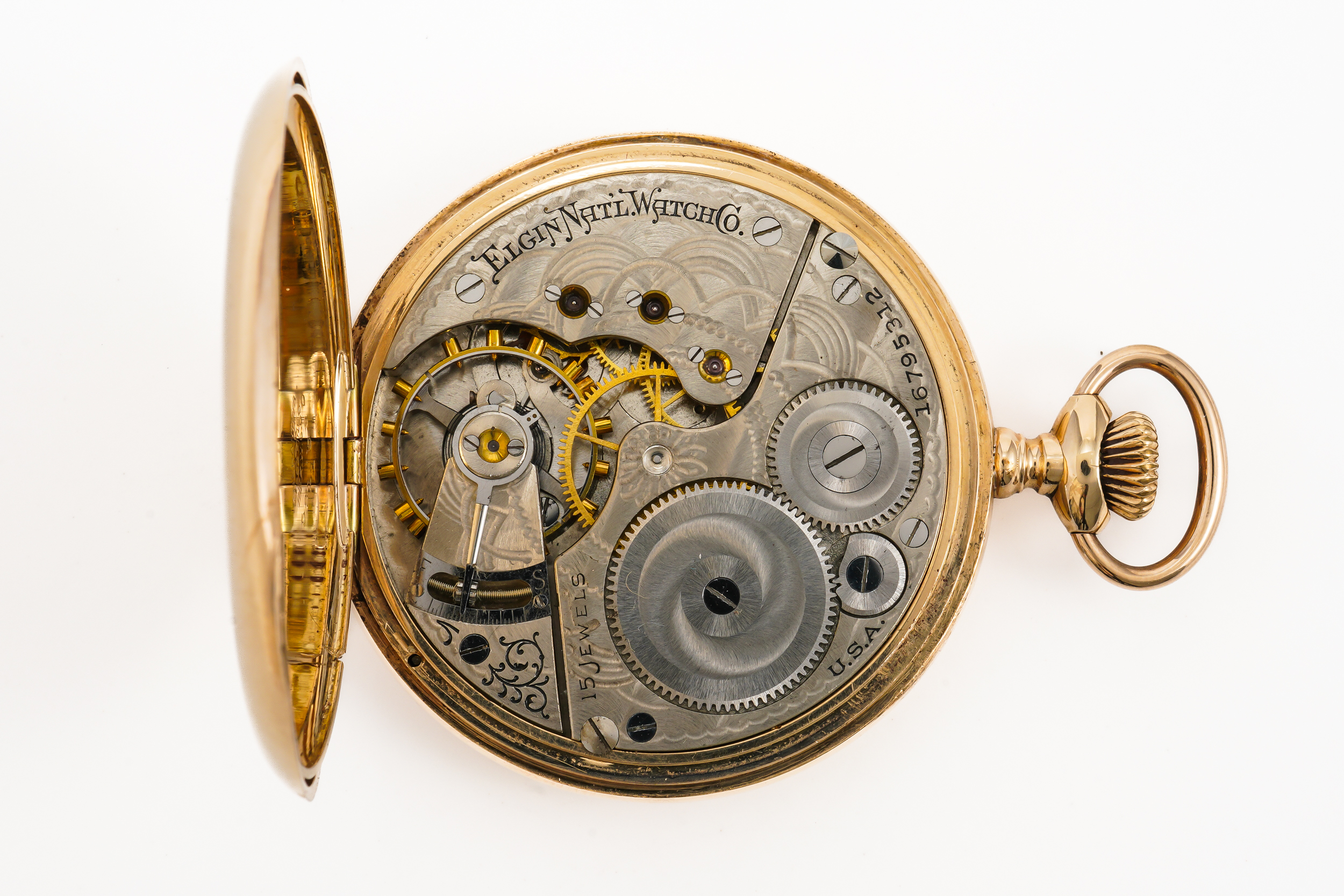 AN ELGIN GOLD CASED KEYLESS WIND HUNTING CASED POCKET WATCH - Image 4 of 5