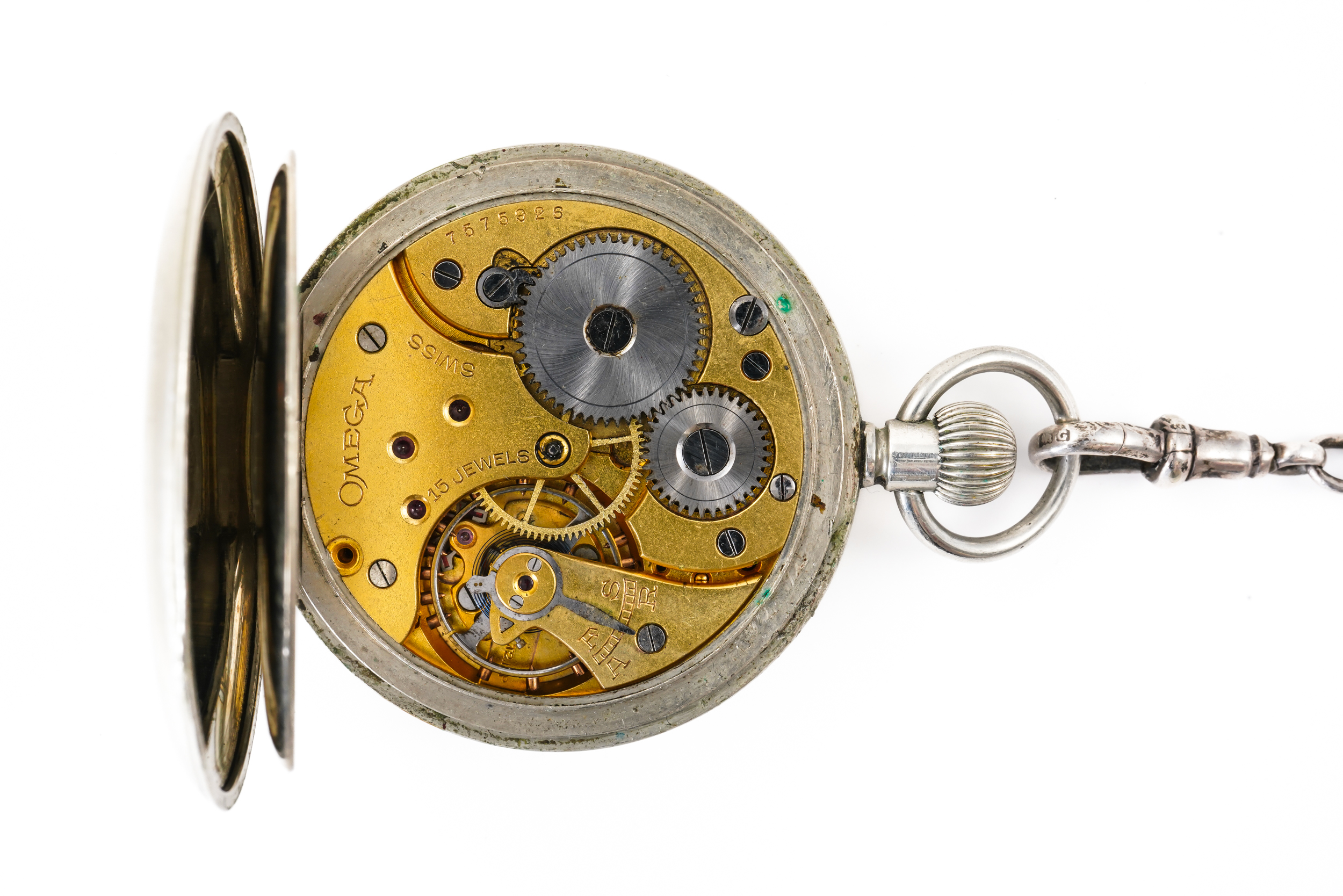 A SILVER CURB LINK WATCH ALBERT CHAIN AND TWO POCKET WATCHES (3) - Image 8 of 8