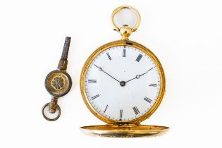 A LADY'S GOLD CASED, KEY WIND, HUNTING CASED FOB WATCH WITH A KEY (2)