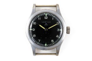 A STEEL BACKED AND PLATED BASE METAL FRONTED VERTEX MILITARY WRISTWATCH