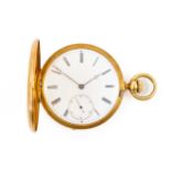 A GOLD CASED, KEYLESS WIND HUNTING CASED POCKET WATCH