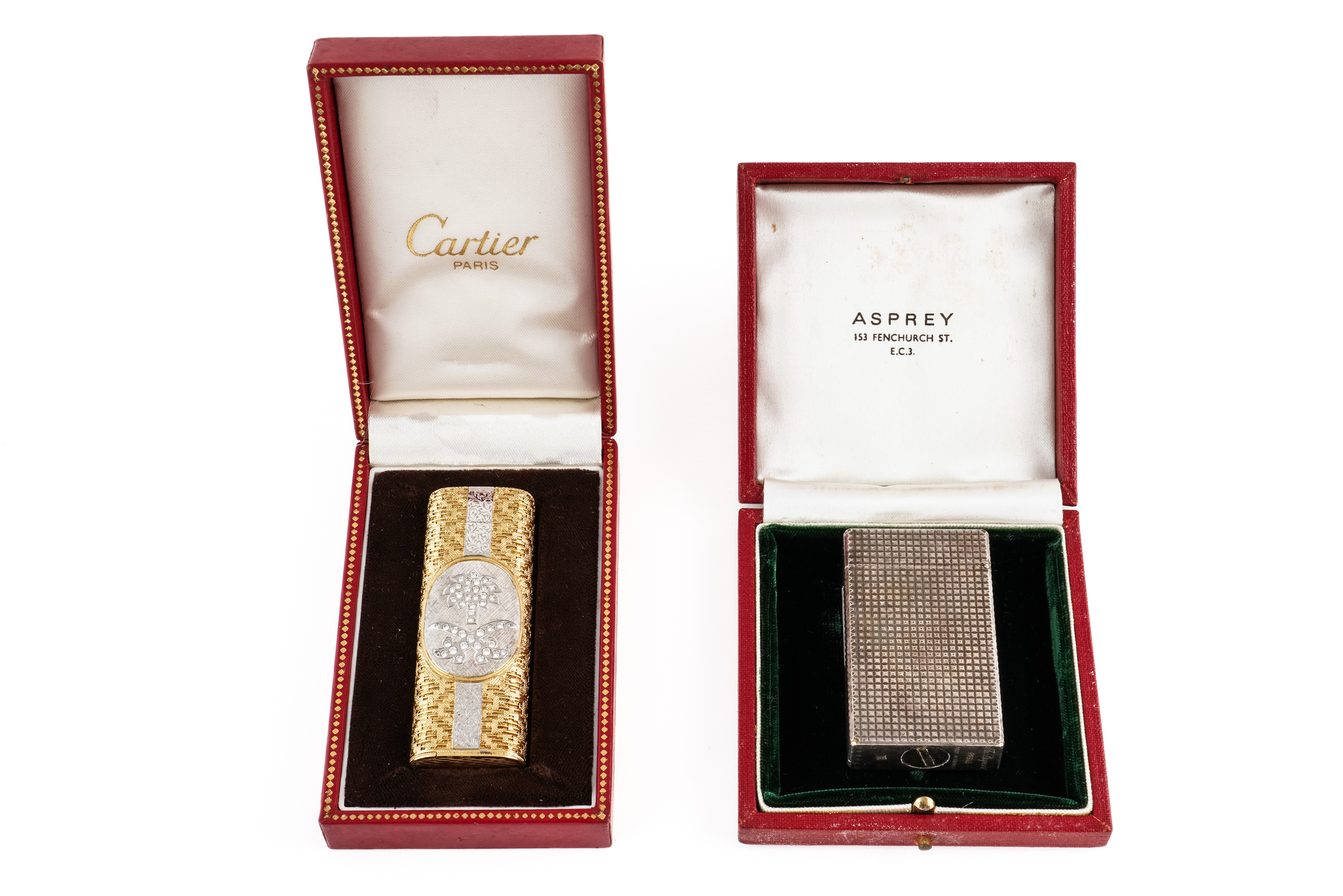A GOLD AND DIAMOND SET LIGHTER AND ANOTHER LIGHTER, BOTH BOXED (4)