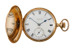 AN ELGIN GOLD CASED KEYLESS WIND HUNTING CASED POCKET WATCH