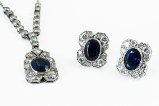 A SAPPHIRE DIAMOND AND NECKLACE AND MATCHING STUDS
