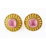 A DE VROOMEN PAIR OF 18CT GOLD AND CABOCHON PINK TOURMALINE EARCLIPS