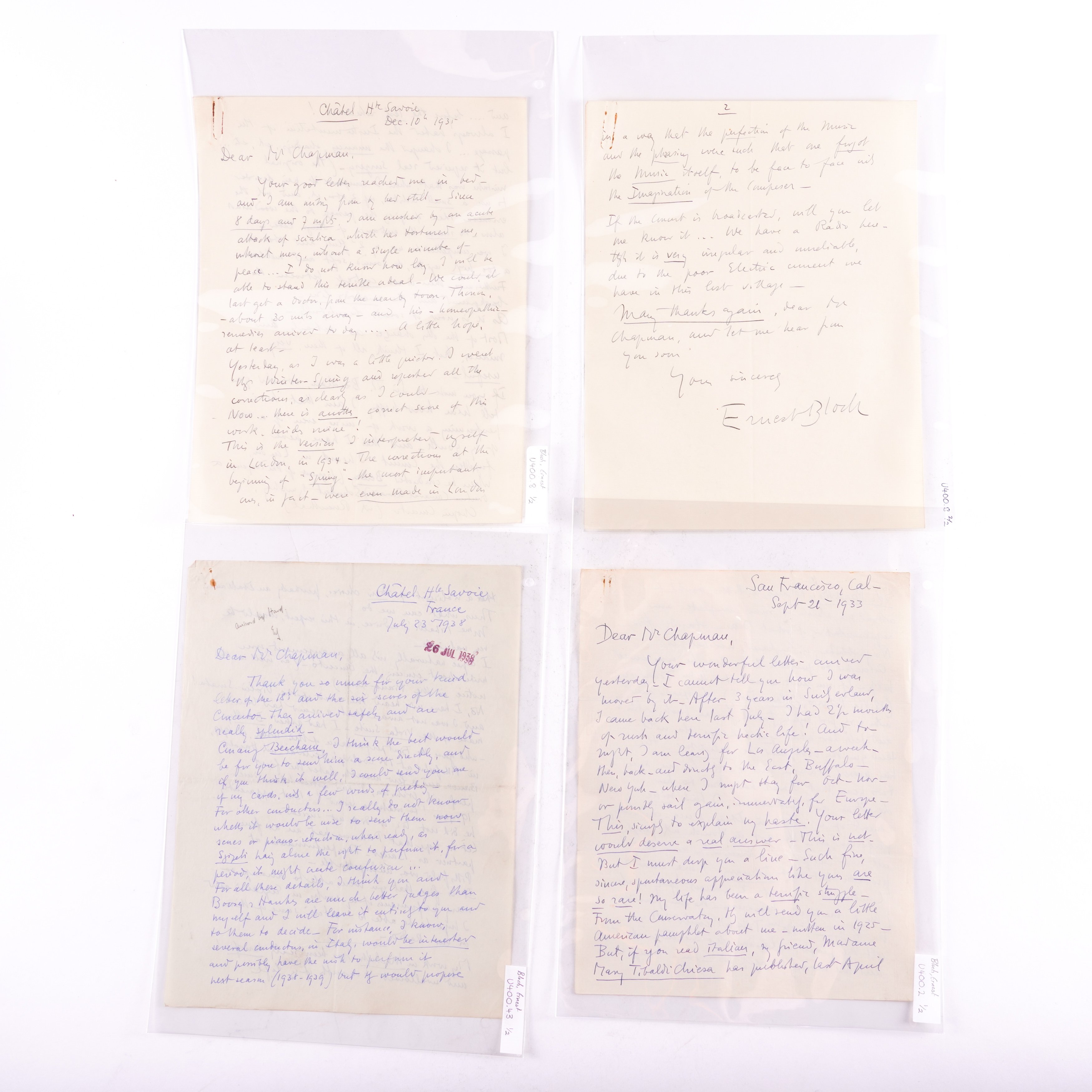 BLOCH, Ernest (1880-1959). An important correspondence comprising c.120 autograph and typed... - Image 3 of 6