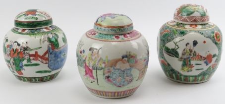 Three Chinese porcelain gingers jars and covers, late 19th/20th century. Comprising two famille