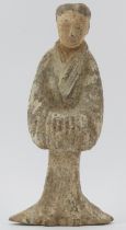 An ancient Chinese painted earthenware pottery figure of a female court attendant, Han dynasty (
