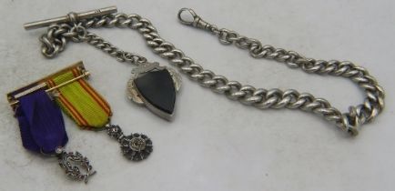A graduated silver Albert with 'T' bar, dog clip and cornelian & blood stone fob, approx weight 49