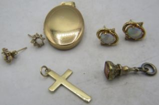 A pair of yellow metal opal & diamond earrings, a small pair of yellow metal opal & white stone