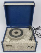 A vintage Dansette ‘Popular’ model 16/33/45/78 speed portable record player, circa 1960’s. 34 cm