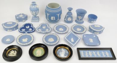 A collection of Wedgwood Jasperware ceramic objects, 19th/20th century. Two framed circular