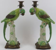 A vintage pair of brass mounted porcelain green parrot candlesticks, late 20th century. WL 1895