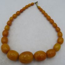 A vintage butterscotch graduated amber necklace with dog clip clasps. Large bead approx 23mm x 30mm.