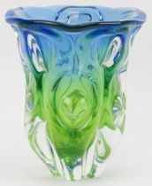 A Bohemian blue and green glass vase by Josef Hospodka for Chribska, mid 20th century. 18.5 cm