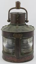 Maritime: A vintage copper William Harvie of Glasgow ship’s starboard blue glass lantern. 28.3 cm