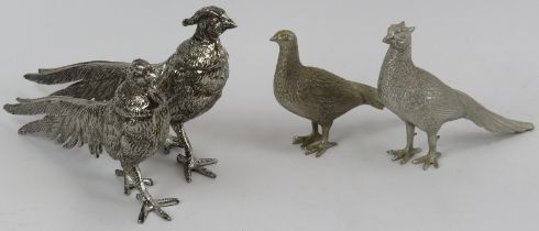 Two pairs of cast white metal cock and hen pheasant table ornaments, 20th century. (2 items) 24 cm