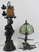 A vintage European black painted cast metal figural table lamp and Art Neauveau style table lamp,