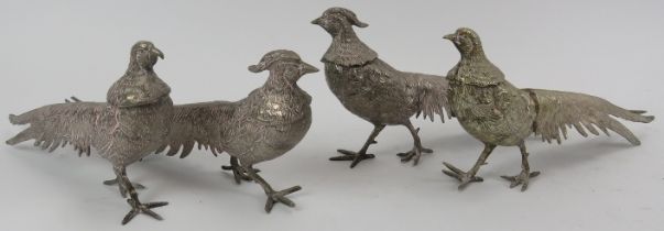 Two pairs of cast white metal cock and hen pheasant table ornaments, 20th century. (2 items) 31 cm