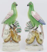 A rare pair of Victorian Staffordshire flat back ceramic parrot figurines. (2 items) 23.2 cm height.