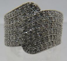 An 18ct white gold diamond ring consisting of six bands of diamonds, approx 1.5cts, size P. Approx