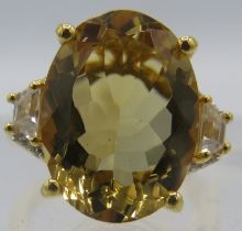 Large 18mm x 13mm oval citrine ring, size O-P. 18k yellow gold vermeil plated, stamped 925. Good