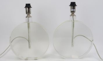 A pair of circular clear glass table lamps, late 20th century. 32.8 cm height including light