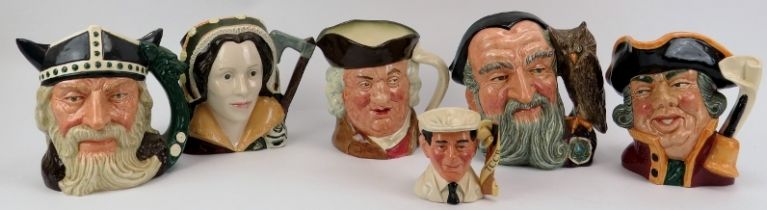 A group of six Royal Doulton character jugs. Comprising Viking, D6496, Merlin, D6536, Catherine