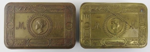 Two World War I Princess Mary 1914 Christmas tins. (2 items) 12.9 cm length. Condition report: