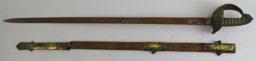 Militaria: A British Naval military sword, 19th century. With wire bound shagreen grip, gilt metal