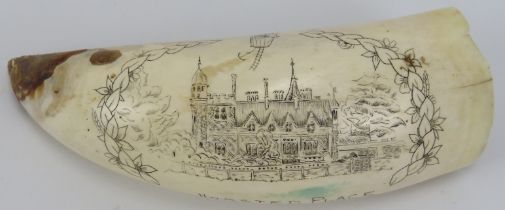 A Victorian scrimshaw whale tooth, circa/post 1850’s. Detailed engraved decoration depicting