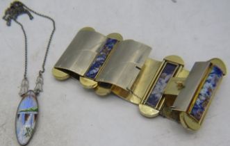 A French Plaque Or Lamine white & yellow metal Art Deco bracelet inset with blue & white