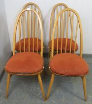 A set of four mid-century blonde elm and beech Windsor Quaker dining chairs by Ercol (model 365)