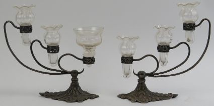 A pair of F & C Osler cast metal and glass three branch epergnes, circa 1900. Each epergne