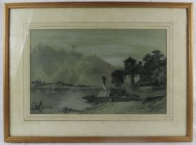 British School (1912) - 'Italian lake scene', pencil drawing heightened with white, indistinctly