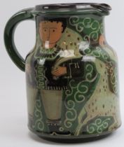A rare Swiss hand painted studio pottery jug by Hans Schneider, mid 20th century. 21 cm height.