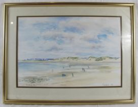 T.W. Wells (1988) - 'Beadnell Bay' (Beach scene) with figures, watercolour, signed and dated, 36cm x