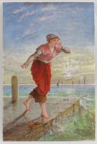 A French hand painted porcelain plaque depicting a female on a harbour quay, mid/late 19th