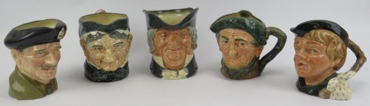 A group of five Royal Doulton character jugs. Comprising Monty, Dick Whittington, D6375 Parson