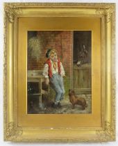 British School (19th Century) - 'Farmyard scene with a boy, dog, donkey and a chicken', oil on