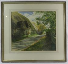 Susan Jackman (20th Century) - 'Alciston Barn Autumn', watercolour, signed, labels verso for E.