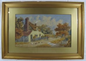 British School (late 19th/early 20th century) - 'A country lane with cottage, stream, figures,