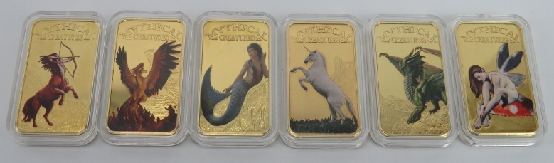 Six ‘Mythical Creatures’ Somali Republic 25 shillings gold plated ingots, dated 2013. (6 items).