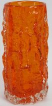 A Whitefriars 'Bark' pattern tangerine glass vase. Designed by Geoffrey Baxter, circa 1966. 15.5cm