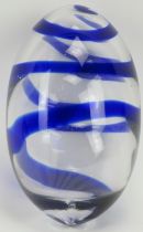 A large Murano hand blown glass egg, late 20th century. Clear glass with a blue trail. 22.5 cm