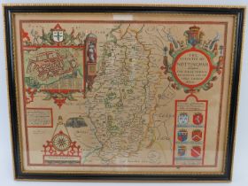 John Speed hand coloured map of Nottinghamshire, dated 1610. Entitled ‘The Countie of Nottingham