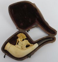 A Meerschaum carved cheroot holder, 19th century. Surmounted with a lady holding a fan